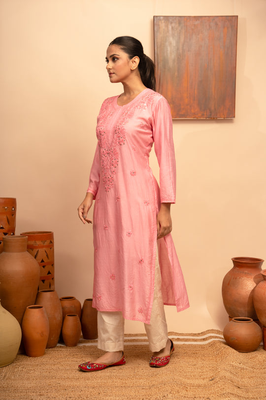 Women’s Chanderi Round Neck Mukaish Regular Fit Kurta - Arya collection