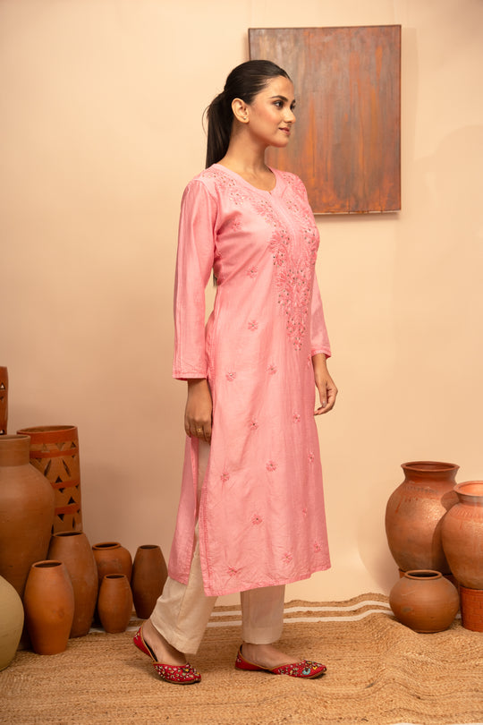 Women’s Chanderi Round Neck Mukaish Regular Fit Kurta - Arya collection