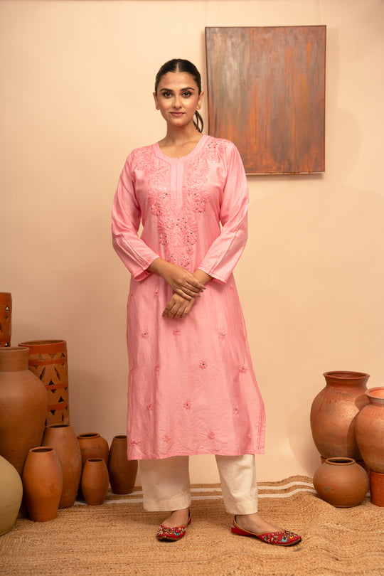 Women’s Chanderi Round Neck Mukaish Regular Fit Kurta - Arya collection