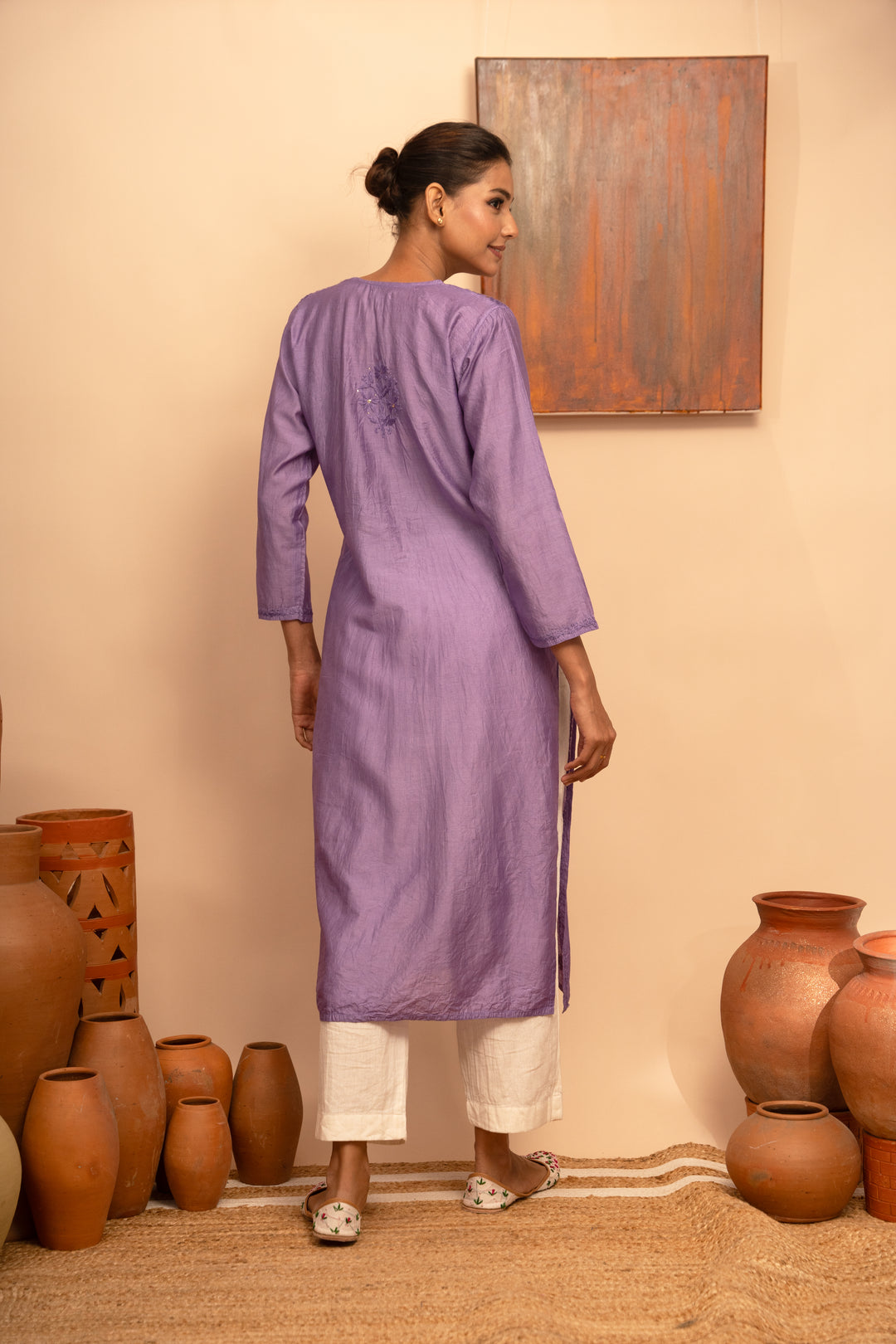 Women’s Chanderi Round Neck Mukaish Regular Fit Kurta - Arya collection