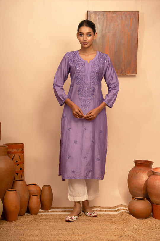 Women’s Chanderi Round Neck Mukaish Regular Fit Kurta - Arya collection