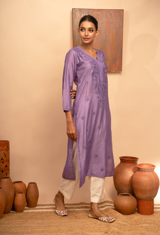 Women’s Chanderi Round Neck Mukaish Regular Fit Kurta - Arya collection