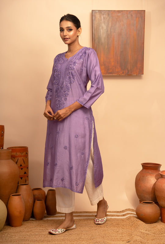 Women’s Chanderi Round Neck Mukaish Regular Fit Kurta - Arya collection