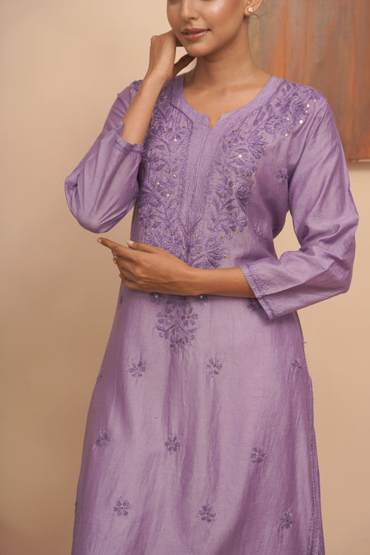 Women’s Chanderi Round Neck Mukaish Regular Fit Kurta - Arya collection