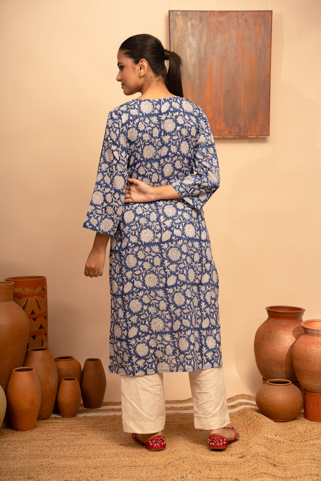 Women’s Blue Cotton Floral Block-Printed Kurta with Pockets - Arya collection