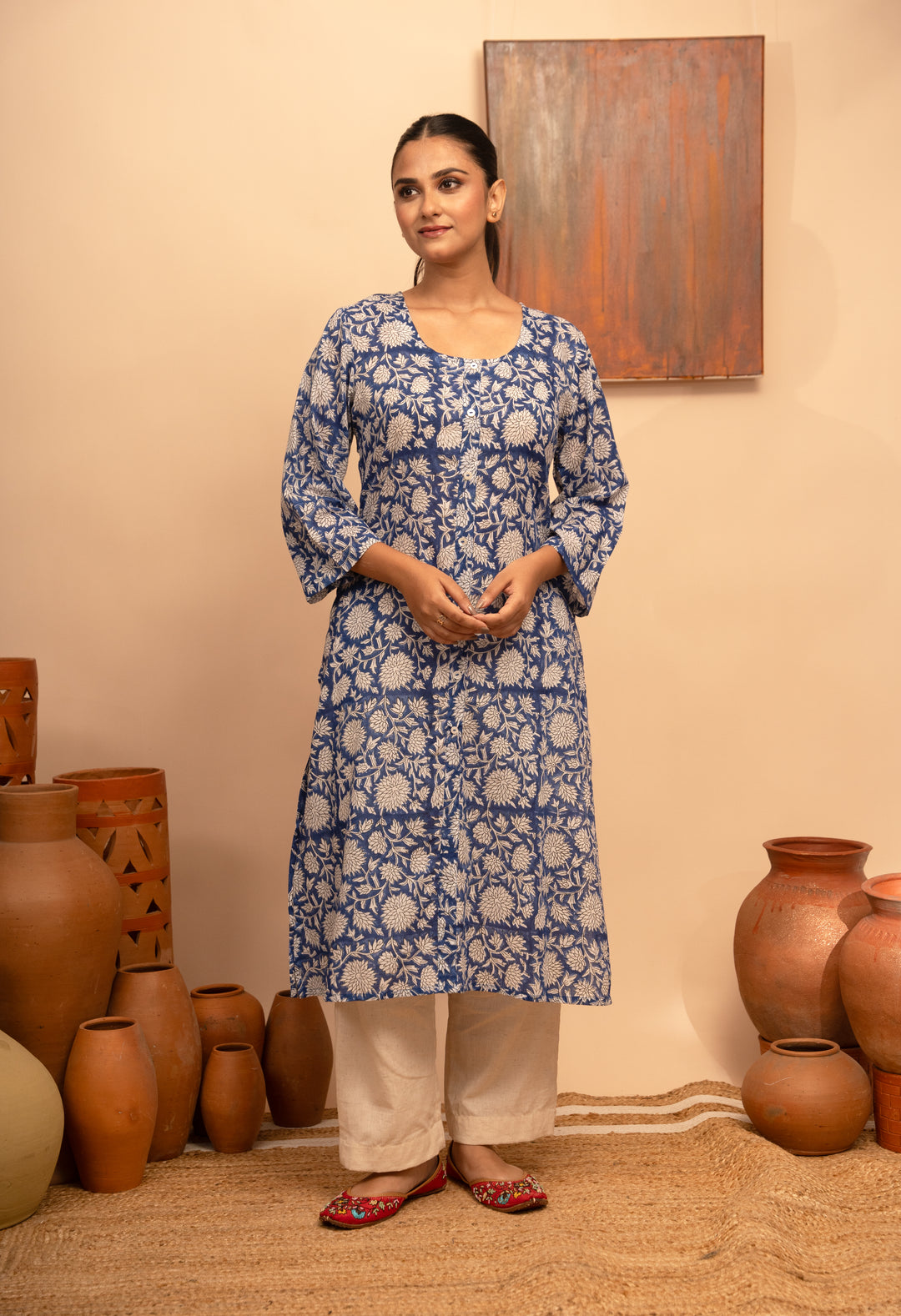 Women’s Blue Cotton Floral Block-Printed Kurta with Pockets - Arya collection