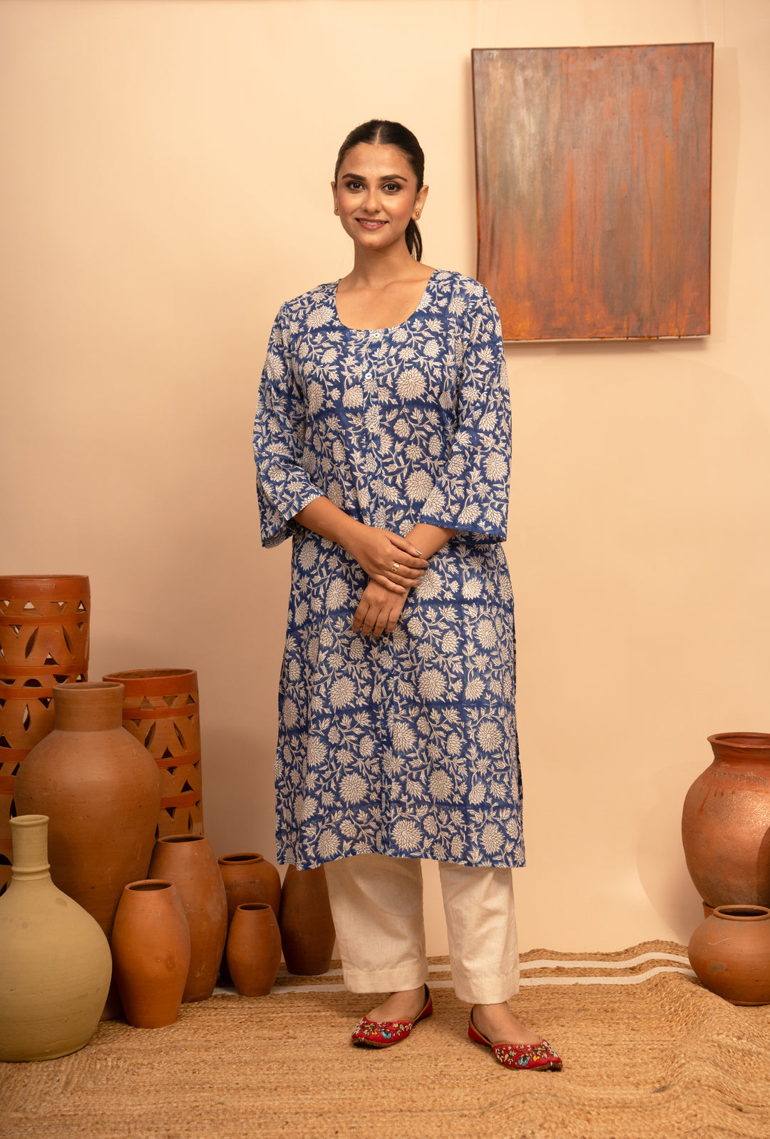 Women’s Blue Cotton Floral Block-Printed Kurta with Pockets - Arya collection