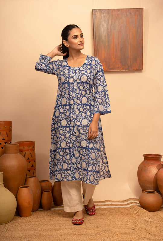 Women’s Blue Cotton Floral Block-Printed Kurta with Pockets - Arya collection