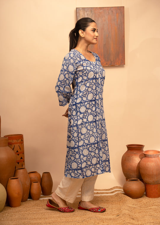 Women’s Blue Cotton Floral Block-Printed Kurta with Pockets - Arya collection