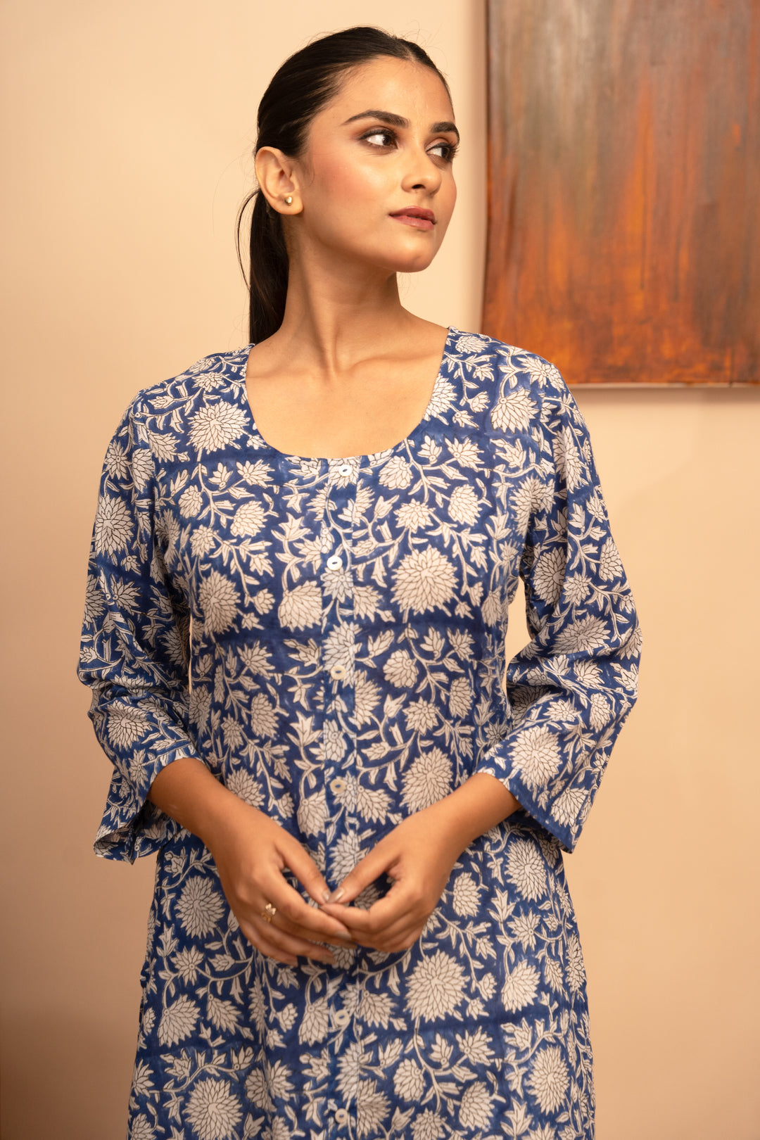 Women’s Blue Cotton Floral Block-Printed Kurta with Pockets - Arya collection