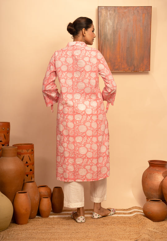 Women’s Cotton Round Collar Block-Printed Pink  Regular Fit Kurta – Arya collection