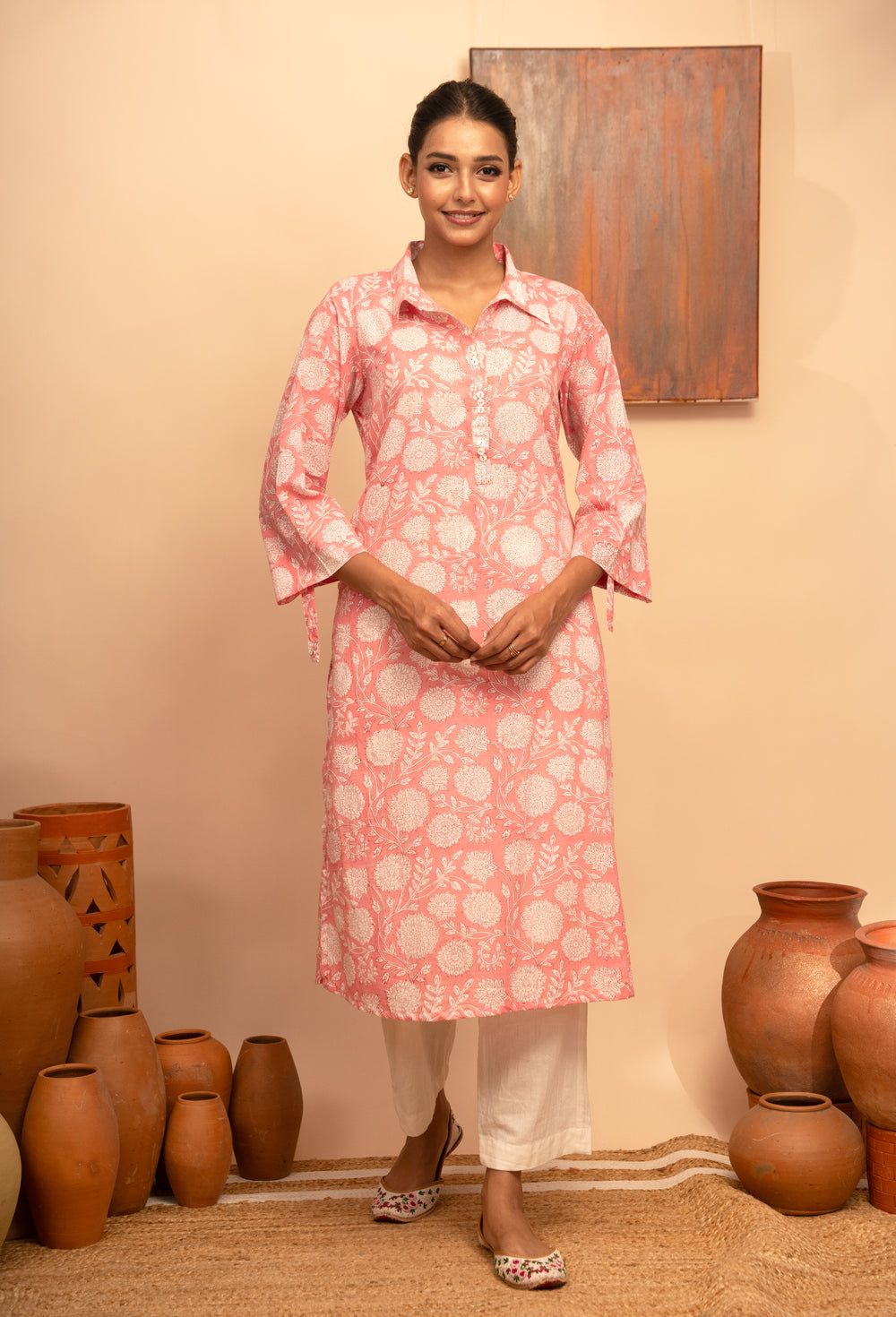 Women’s Cotton Round Collar Block-Printed Pink  Regular Fit Kurta – Arya collection