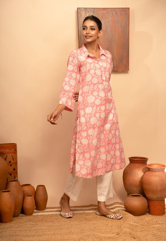 Women’s Cotton Round Collar Block-Printed Pink  Regular Fit Kurta – Arya collection