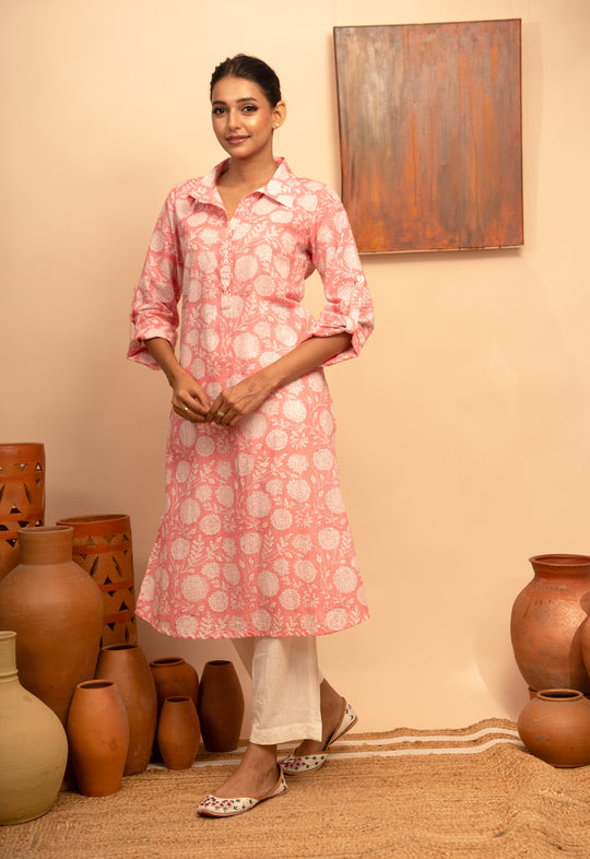 Women’s Cotton Round Collar Block-Printed Pink  Regular Fit Kurta – Arya collection