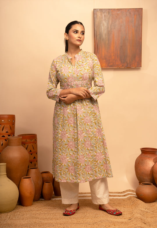 Women’s Cotton Round Neck Block-Printed Regular Fit Kurta - Arya collection