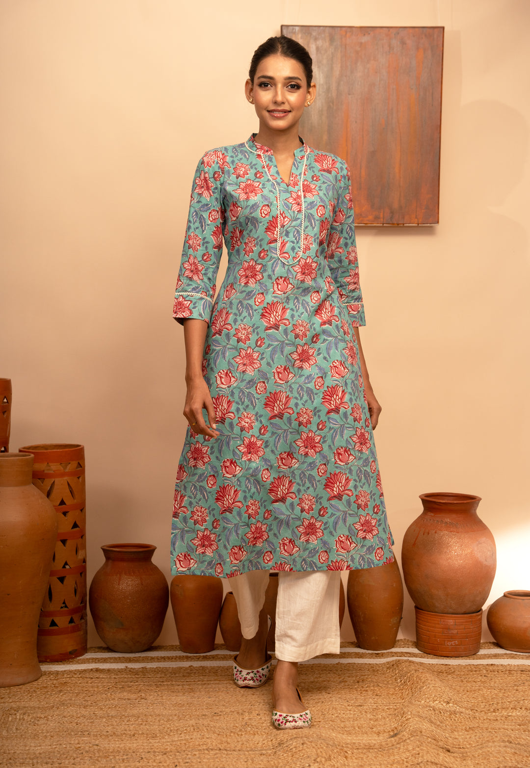 Women’s Cotton Collar Neck Printed Regular Fit Kurta – Stone Blue  - Arya collection