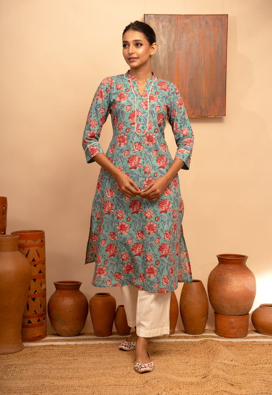 Women’s Cotton Collar Neck Printed Regular Fit Kurta – Stone Blue  - Arya collection