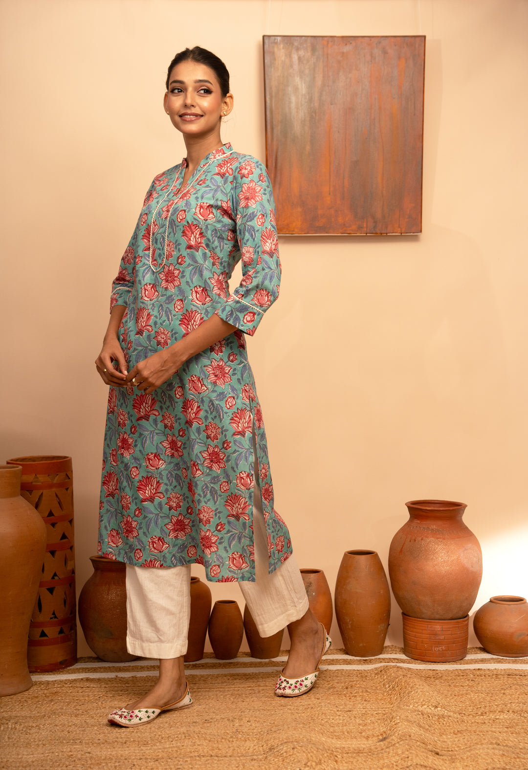 Women’s Cotton Collar Neck Printed Regular Fit Kurta – Stone Blue  - Arya collection