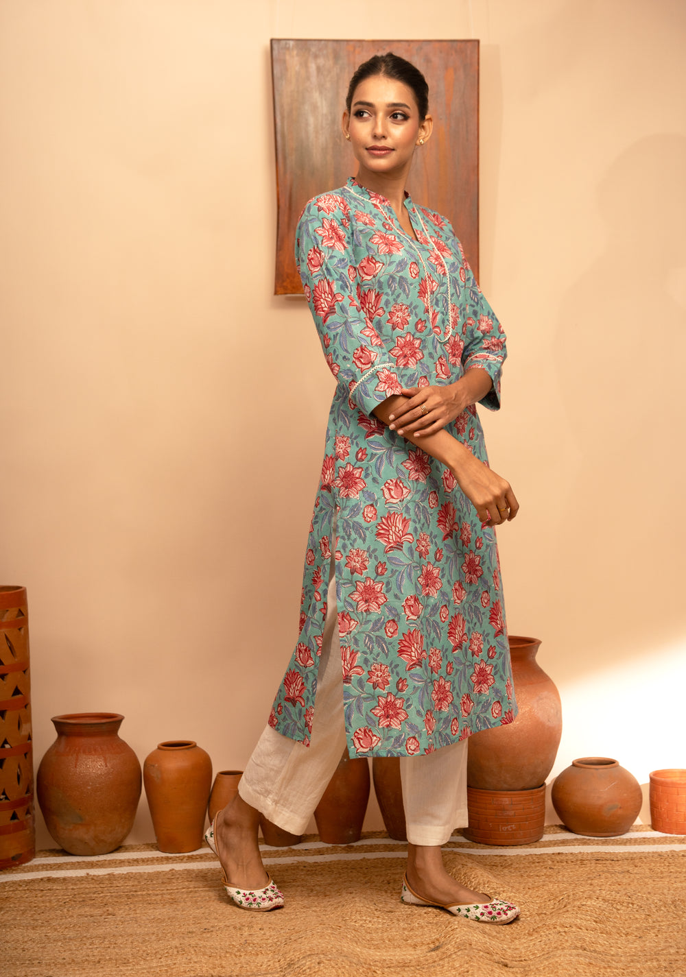 Women’s Cotton Collar Neck Printed Regular Fit Kurta – Stone Blue  - Arya collection