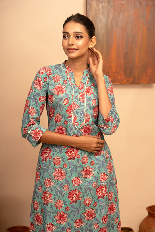 Women’s Cotton Collar Neck Printed Regular Fit Kurta – Stone Blue  - Arya collection