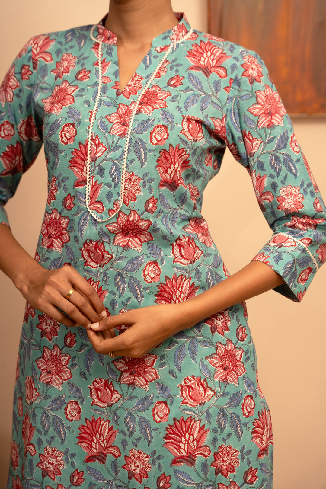 Women’s Cotton Collar Neck Printed Regular Fit Kurta – Stone Blue  - Arya collection