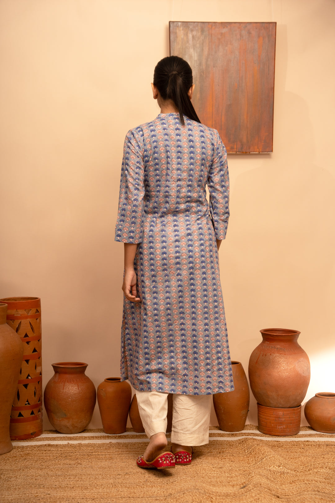 Women’s Blue Floral Block-Printed Cotton Round Neck Regular Fit Kurta - Arya collection