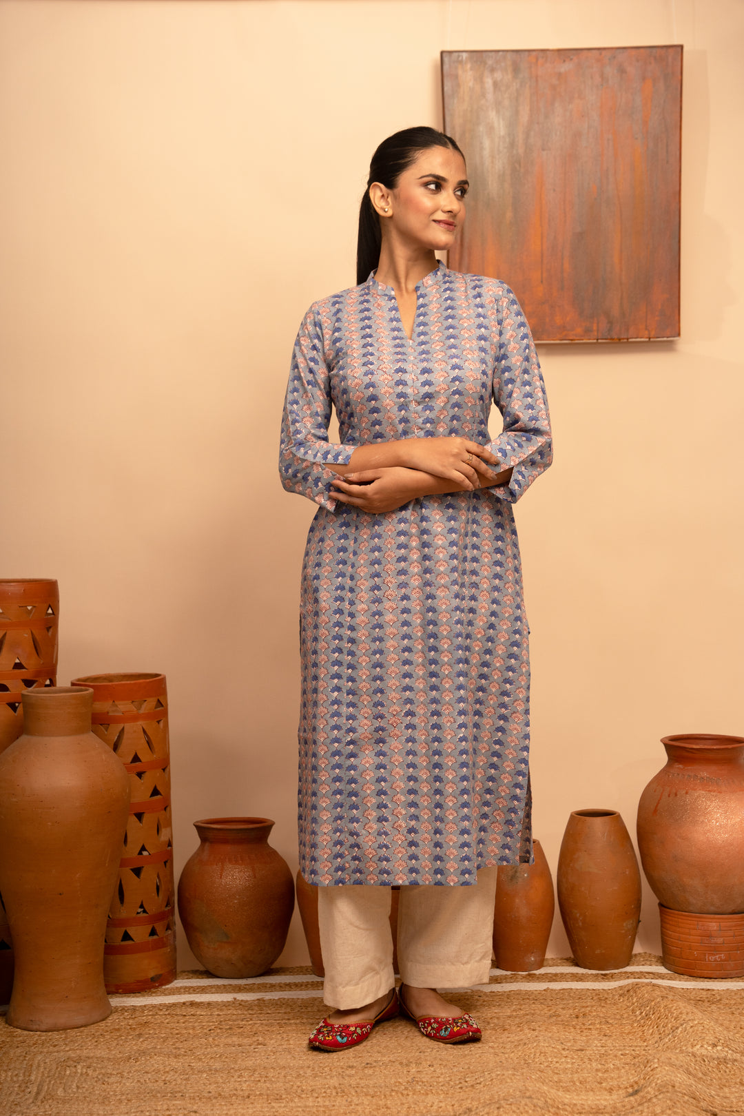 Women’s Blue Floral Block-Printed Cotton Round Neck Regular Fit Kurta - Arya collection