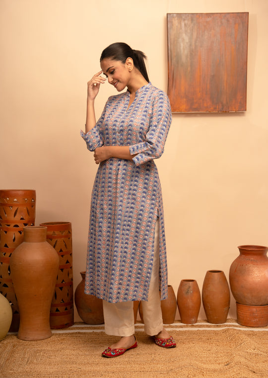 Women’s Blue Floral Block-Printed Cotton Round Neck Regular Fit Kurta - Arya collection