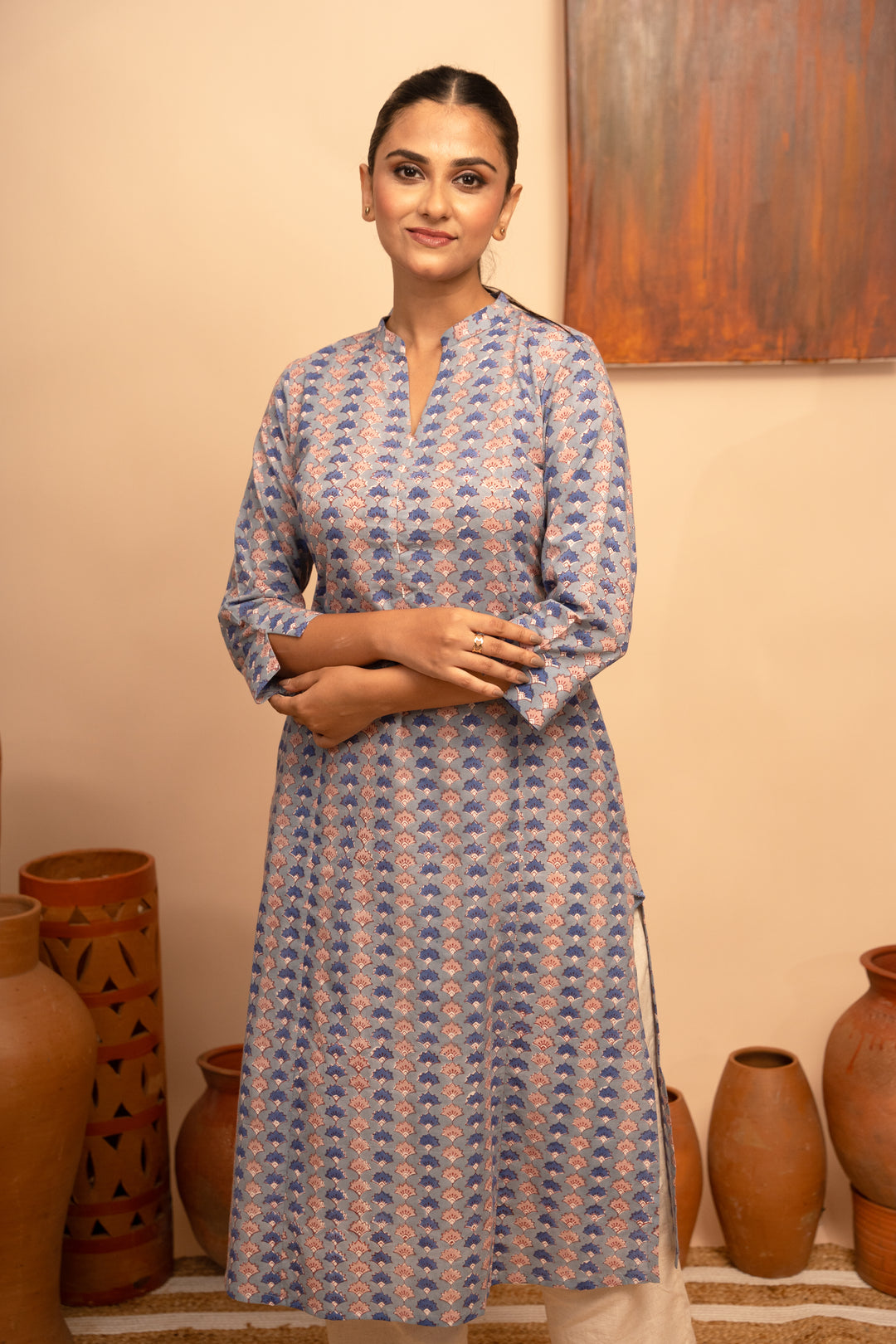 Women’s Blue Floral Block-Printed Cotton Round Neck Regular Fit Kurta - Arya collection