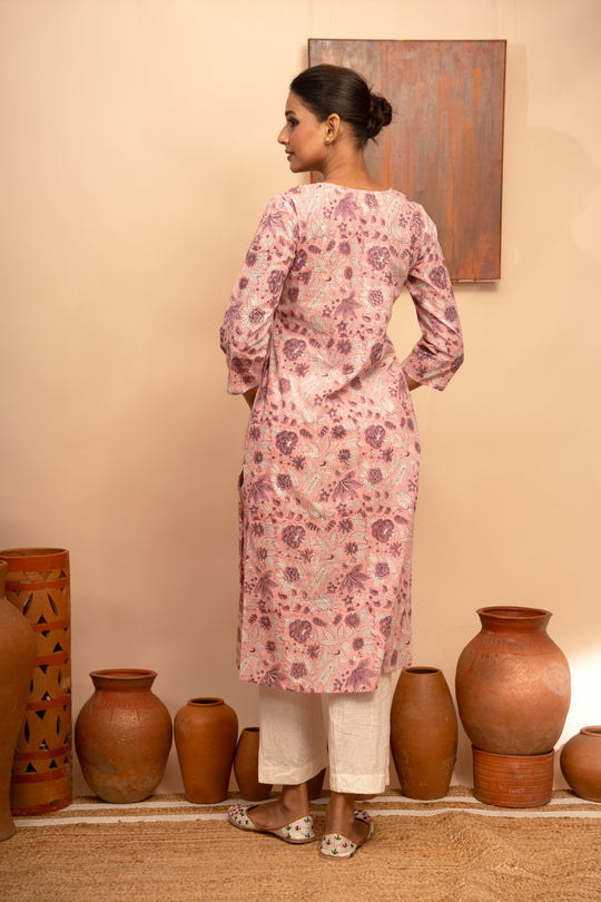 Women’s Cotton Block-Printed Pintuck Detail Kurta - Arya collection