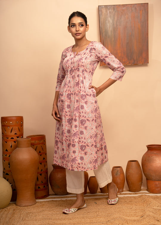 Women’s Cotton Block-Printed Pintuck Detail Kurta - Arya collection