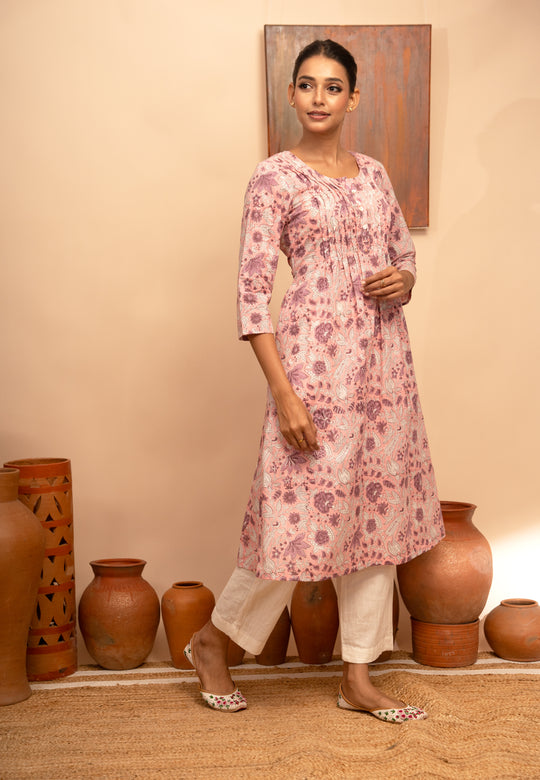 Women’s Cotton Block-Printed Pintuck Detail Kurta - Arya collection