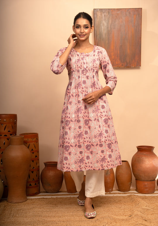 Women’s Cotton Block-Printed Pintuck Detail Kurta - Arya collection