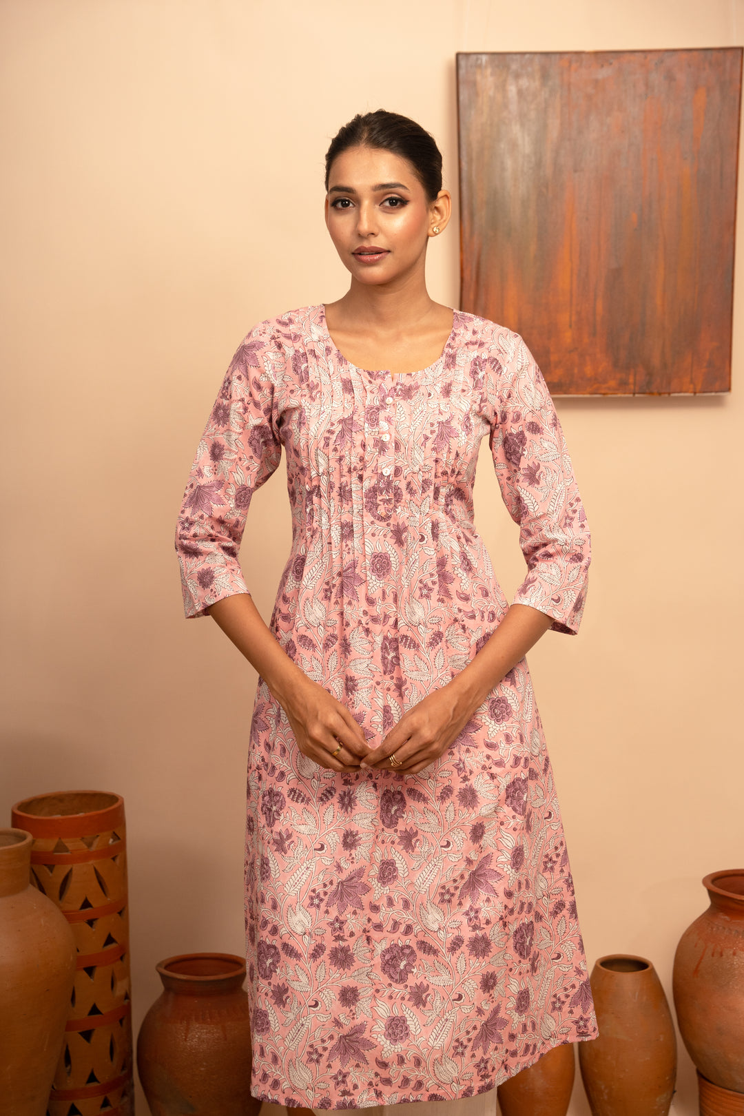 Women’s Cotton Block-Printed Pintuck Detail Kurta - Arya collection