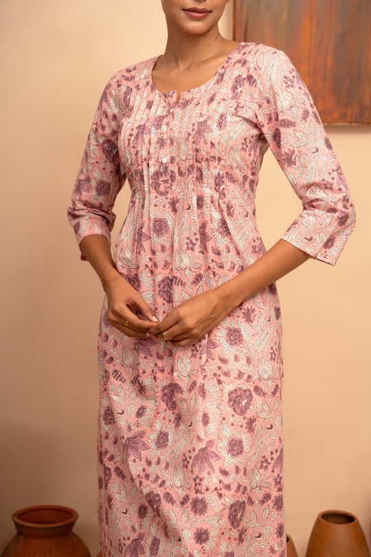 Women’s Cotton Block-Printed Pintuck Detail Kurta - Arya collection