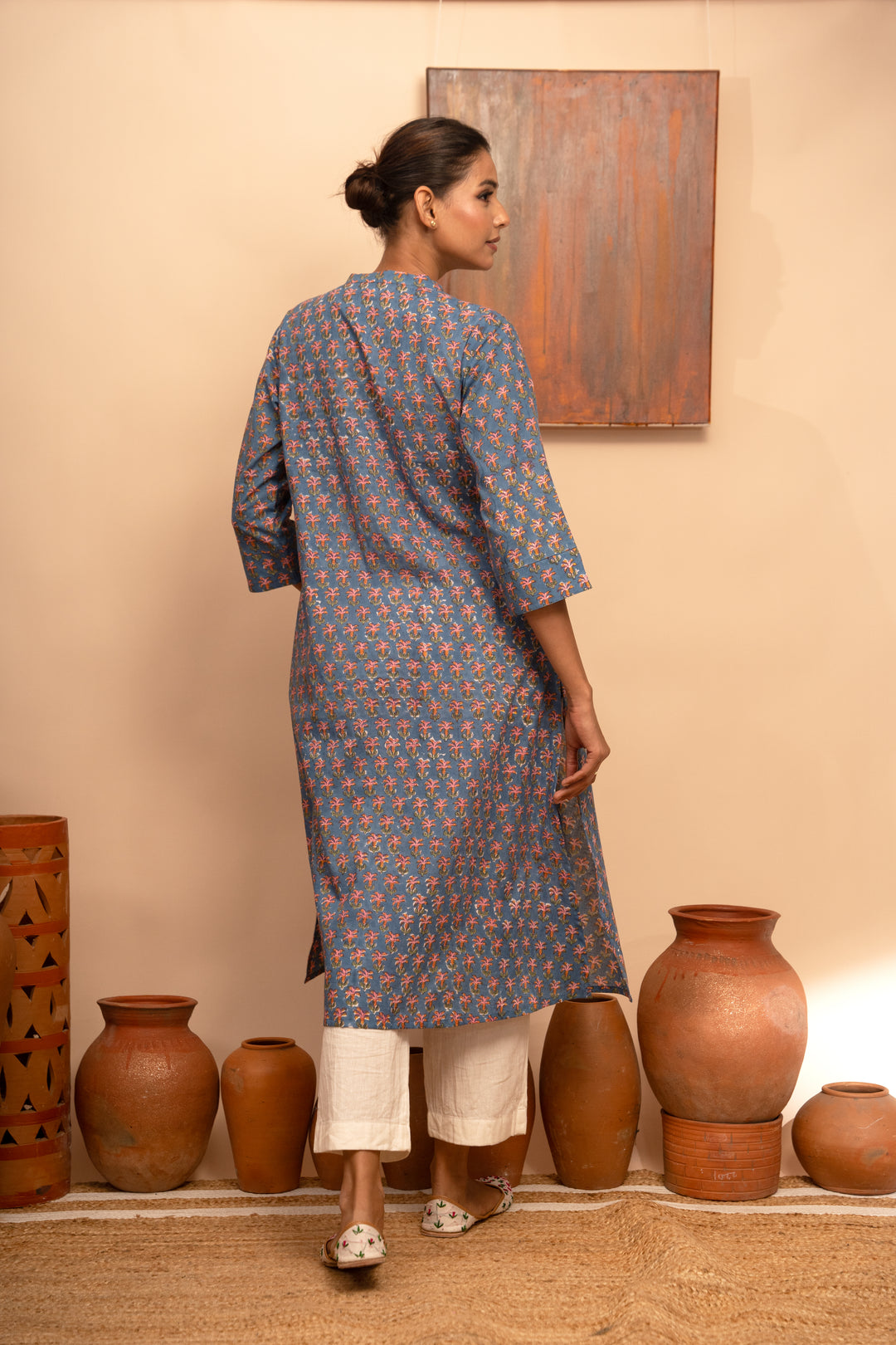 Women’s Blue Floral Block-Printed Cotton Round Neck Regular Fit Kurta - Arya collection