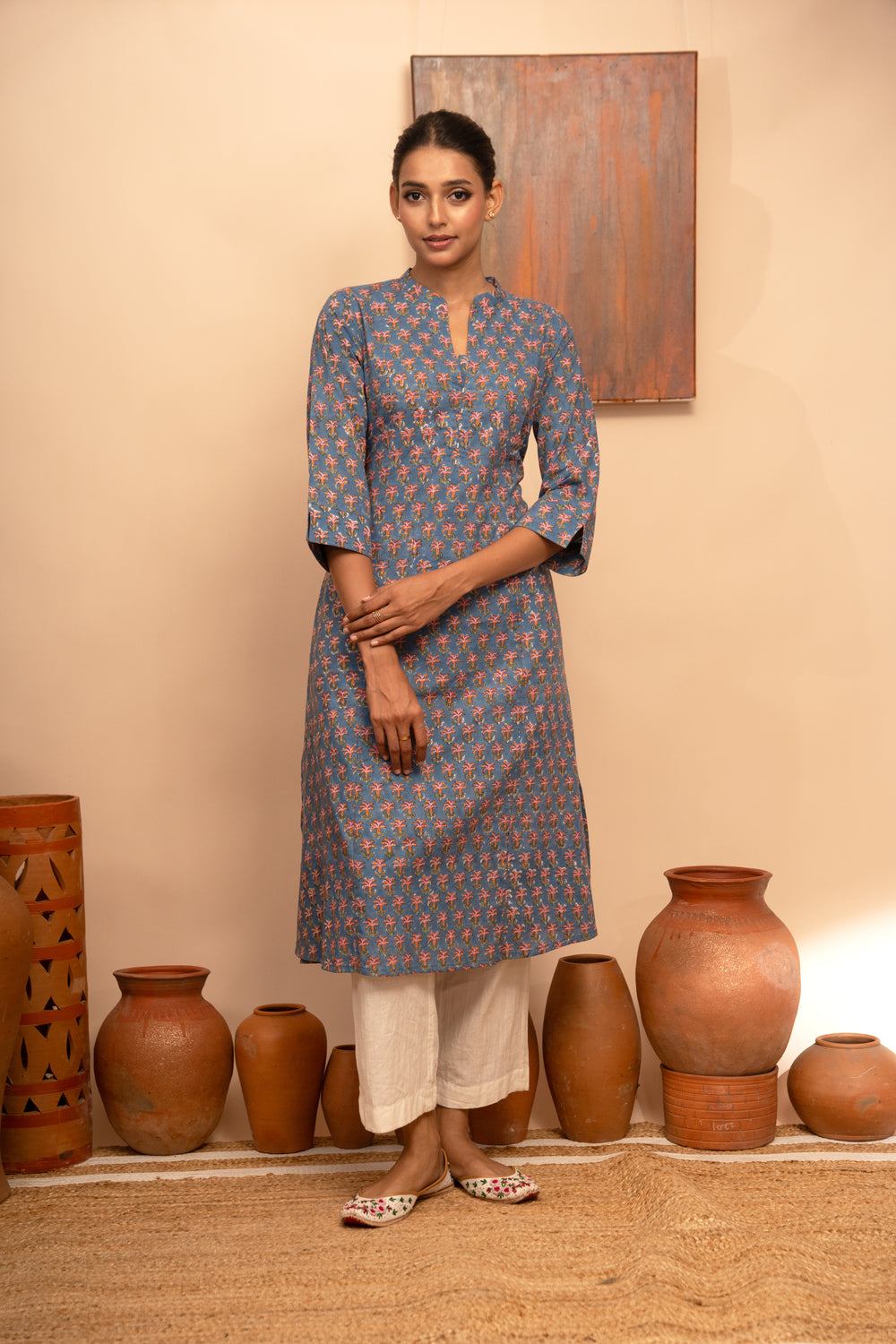 Women’s Blue Floral Block-Printed Cotton Round Neck Regular Fit Kurta - Arya collection