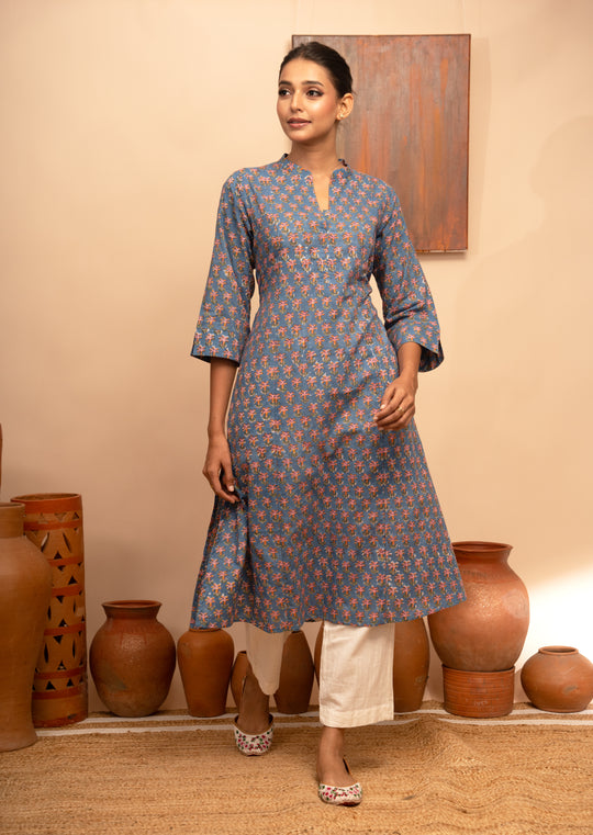 Women’s Blue Floral Block-Printed Cotton Round Neck Regular Fit Kurta - Arya collection