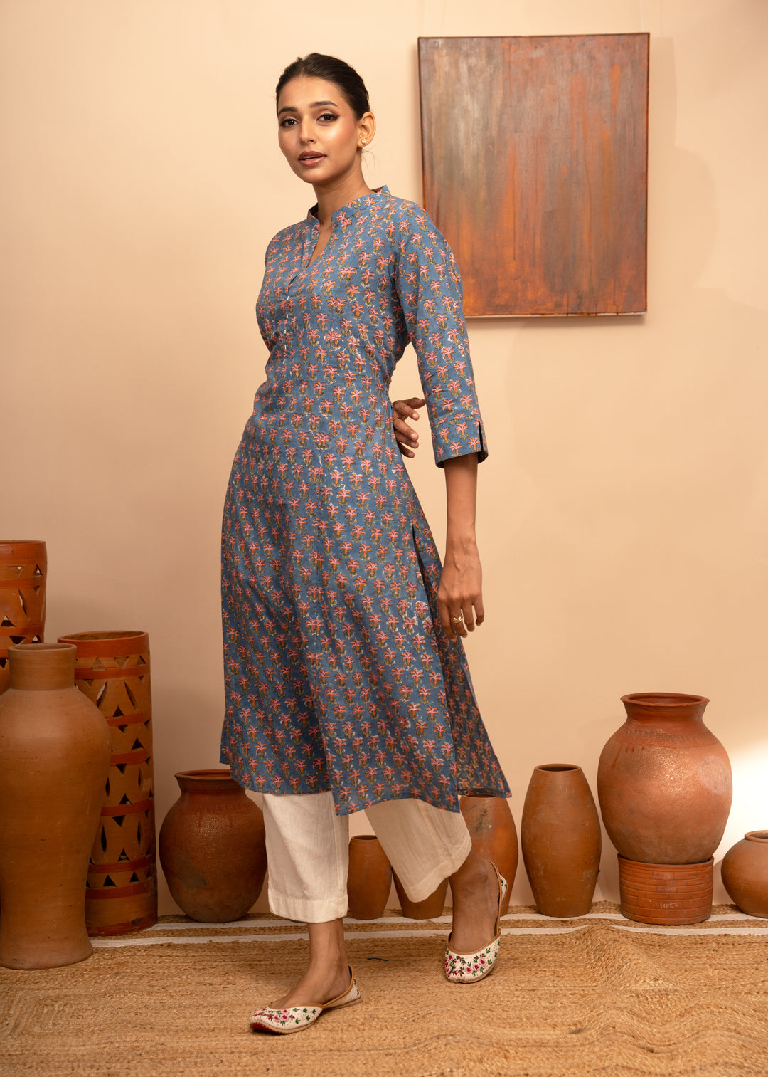 Women’s Blue Floral Block-Printed Cotton Round Neck Regular Fit Kurta - Arya collection