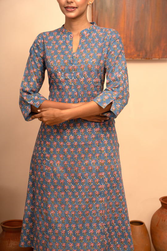 Women’s Blue Floral Block-Printed Cotton Round Neck Regular Fit Kurta - Arya collection