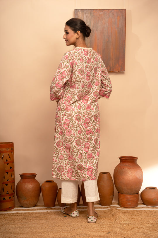 Women’s Cotton V-Neck Jaal Block-Printed Regular Fit Kurta  - Arya collection