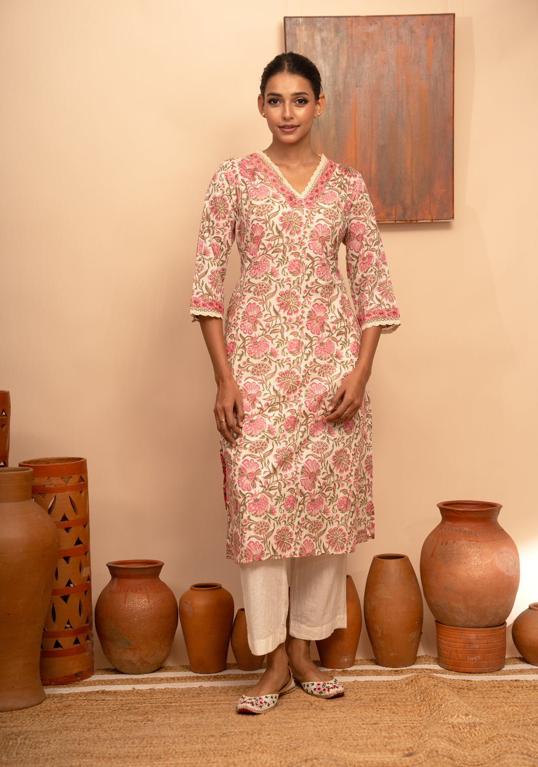 Women’s Cotton V-Neck Jaal Block-Printed Regular Fit Kurta  - Arya collection