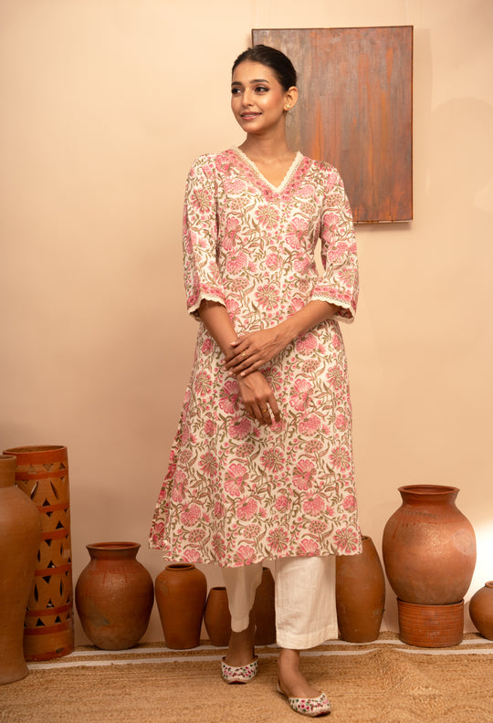 Women’s Cotton V-Neck Jaal Block-Printed Regular Fit Kurta  - Arya collection