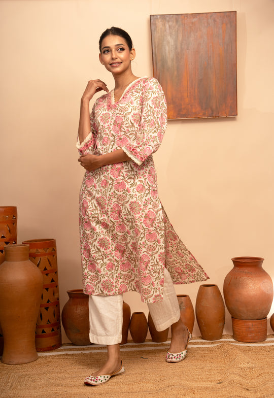 Women’s Cotton V-Neck Jaal Block-Printed Regular Fit Kurta  - Arya collection