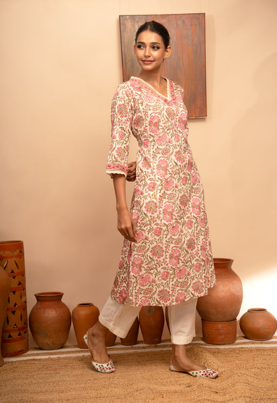 Women’s Cotton V-Neck Jaal Block-Printed Regular Fit Kurta  - Arya collection