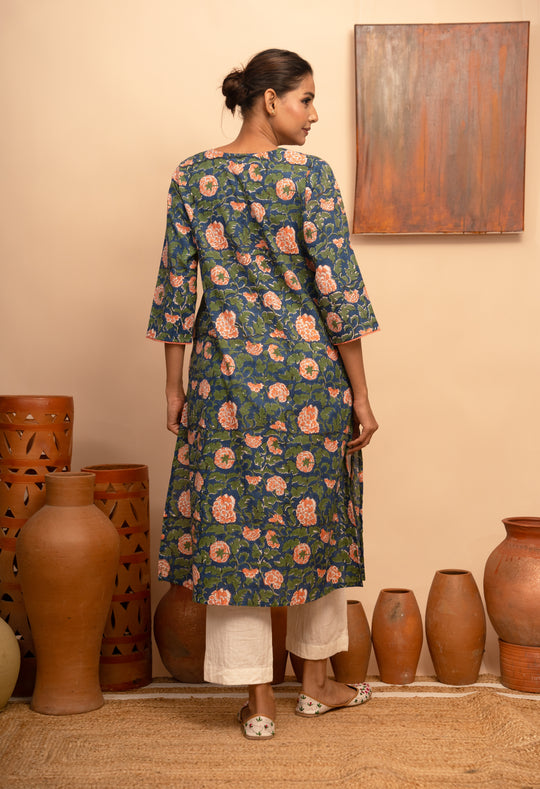 Women’s Blue Cotton Floral Jaal Printed Kurta with Crochet Lace Detailing- Arya collection