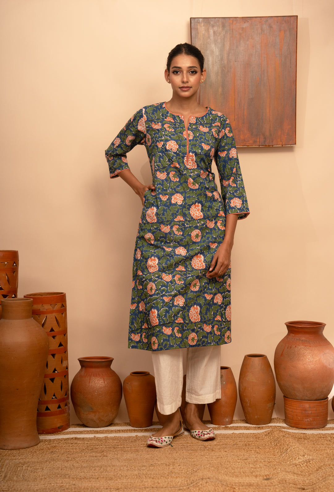 Women’s Blue Cotton Floral Jaal Printed Kurta with Crochet Lace Detailing- Arya collection