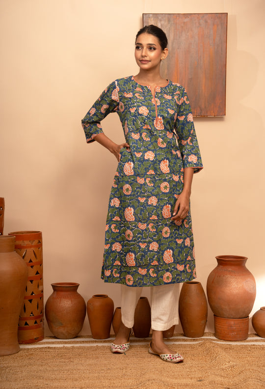 Women’s Blue Cotton Floral Jaal Printed Kurta with Crochet Lace Detailing- Arya collection