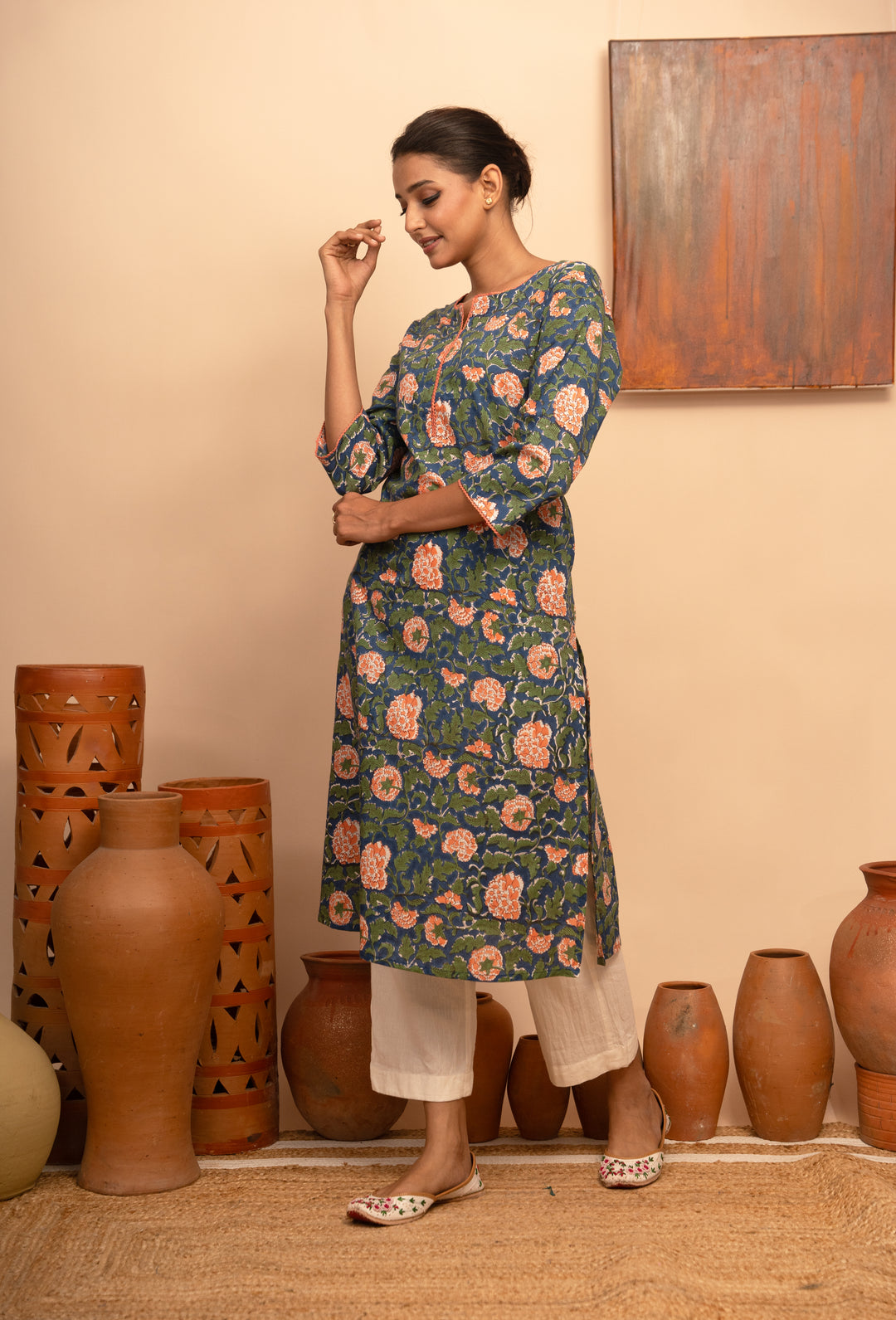 Women’s Blue Cotton Floral Jaal Printed Kurta with Crochet Lace Detailing- Arya collection