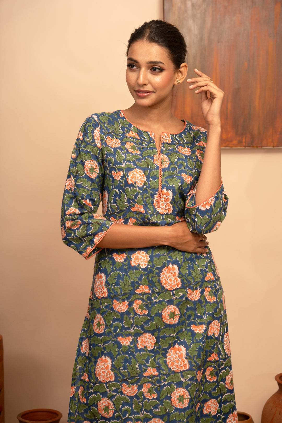 Women’s Blue Cotton Floral Jaal Printed Kurta with Crochet Lace Detailing- Arya collection